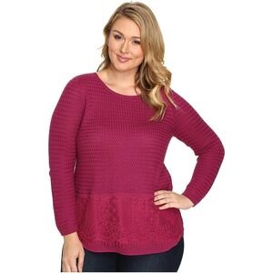 Lucky Brand Sweater Womens Size 3X‎ Red Knit Lace Hem Pullover Long Sleeves Boho